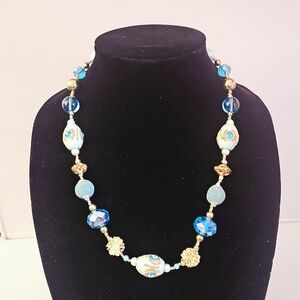 Elegant Blue and Gold Beaded 20" Long Statement Necklace